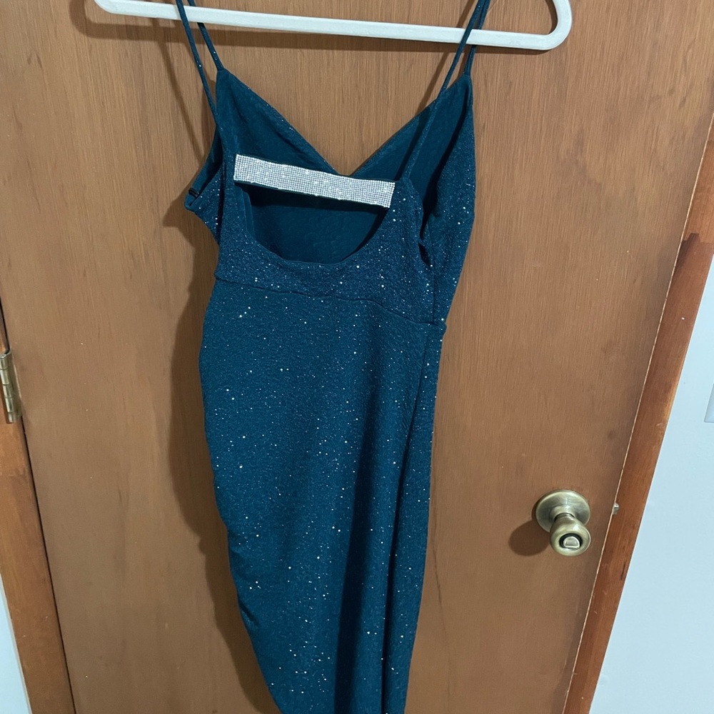 Windsor Teal Sparkle Midi Slip Dress with Side Ruching - Picture 2 of 4